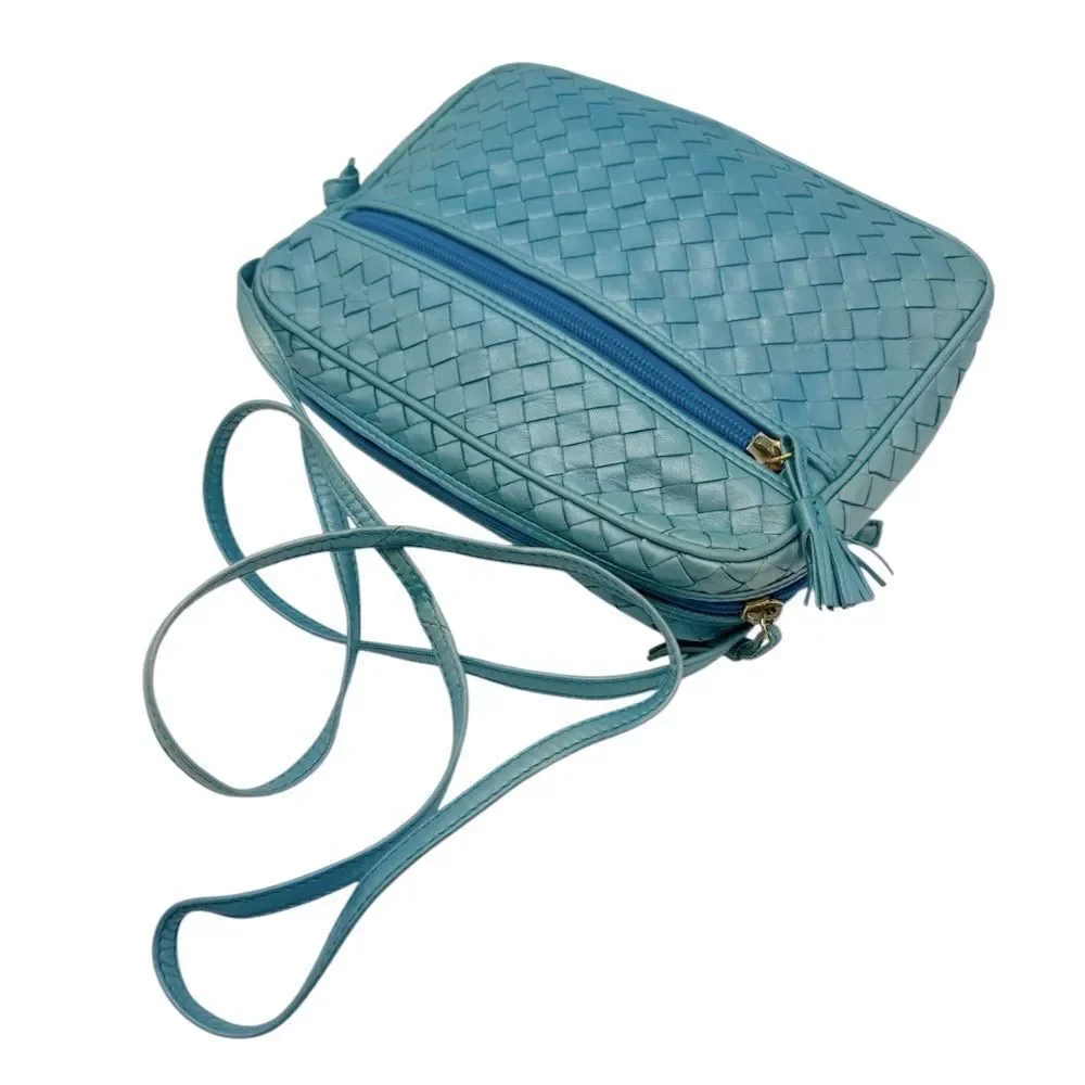 Auth Bottega Veneta Metallic Blue Intreciatto Camera Crossbody Shoulder Bag